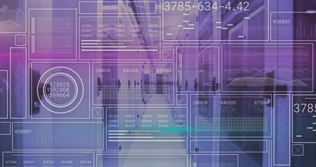 Displaying central translucent HUD interface sweeping through modern corridor, showing line charts