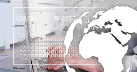 Typing hands wearing light shirt cuff pressing laptop keys at desk, showing globe HUD and readouts