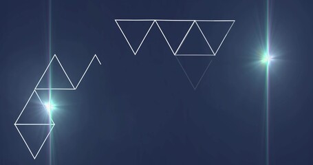 Displaying white wireframe triangle cluster near top third over blue gradient, with cyan starbursts