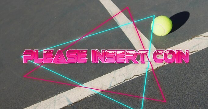 Showing PLEASE INSERT COIN on asphalt court with tennis ball shadow, lines, cyan-magenta triangles - Powered by Adobe