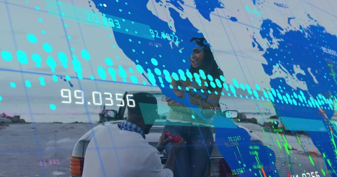 Kneeling man wearing sweater holding red ring box near convertible on wet beach, woman reacting - Powered by Adobe