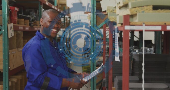 Checking stock, warehouse clerk wearing coverall with clipboard and pen by racks, HUD, copy space