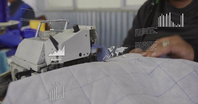 Sewing quilted fabric on overlock machine in shop, worker in dark top guiding ringed hand, overlays