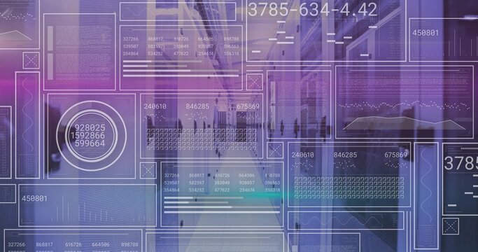 Displaying central translucent HUD interface sweeping through modern corridor, showing line charts - Powered by Adobe