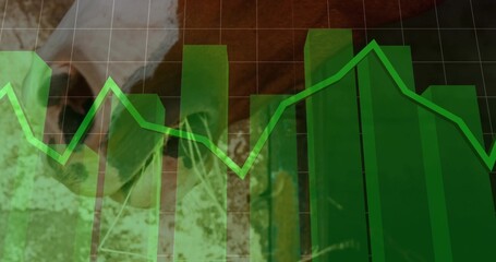 Overlaying partial face merging with green bar chart and jagged line graph in graphic layout
