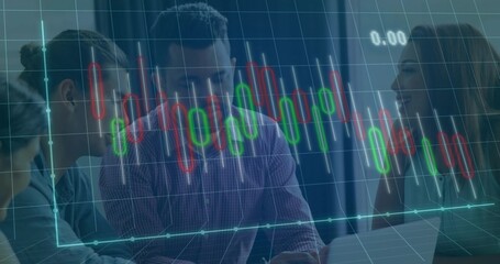 Reviewing market data, team in work shirts and blouse studying laptop in office, candlestick chart