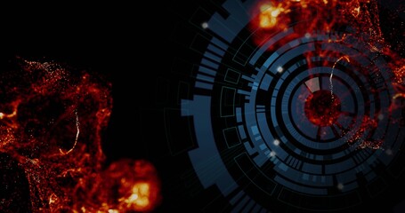 Obraz premium Pulsing blue concentric HUD overlapping black space, showing red nebula filaments, glowing nodes