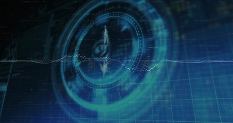 Displaying central circular HUD rotating in virtual HUD interface, with dotted waveform and grid