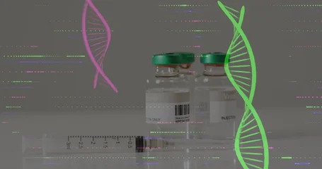 Wandcirkels plexiglas Gekleurd Glas Showing two vaccine vials green caps, syringe resting on lab bench, pink green DNA glitch lines  © vectorfusionart