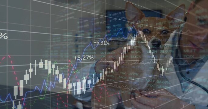 Holding vet in white lab coat cradling tan dog with stethoscope in exam room, charts overlaying