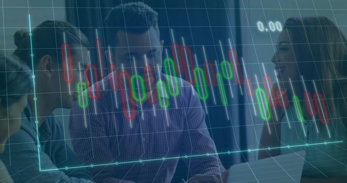 Reviewing market data, team in work shirts and blouse studying laptop in office, candlestick chart - Powered by Adobe