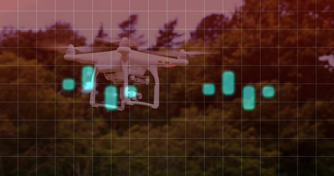 Hovering white quadcopter showing gimbal and four propellers over tree line, teal HUD grid - Powered by Adobe