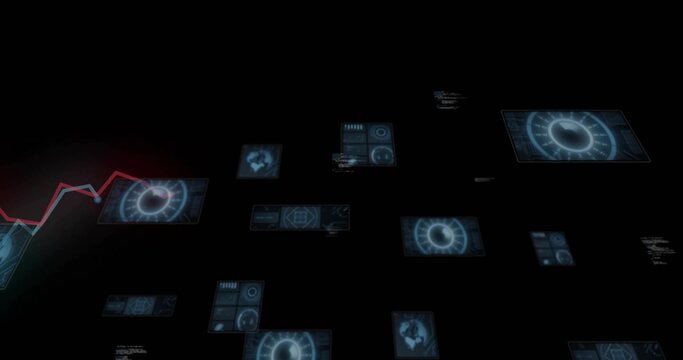 Glowing holographic panels drifting through virtual void, showing radar dials and red sparkline - Powered by Adobe