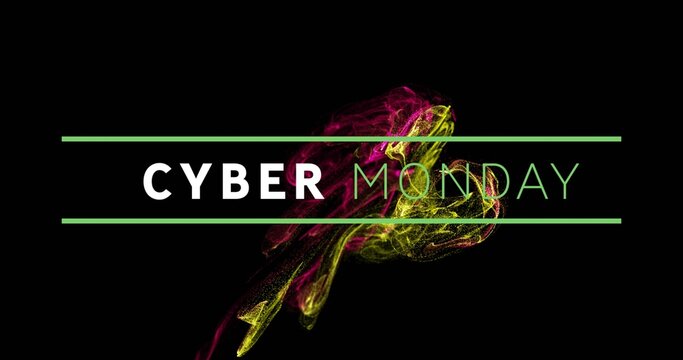 Showing CYBER MONDAY on black banner with white CYBER green outline MONDAY green bars magenta smoke - Powered by Adobe