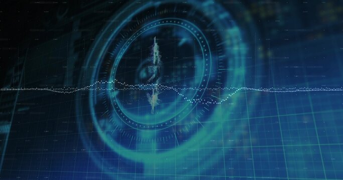 Displaying central circular HUD rotating in virtual HUD interface, with dotted waveform and grid