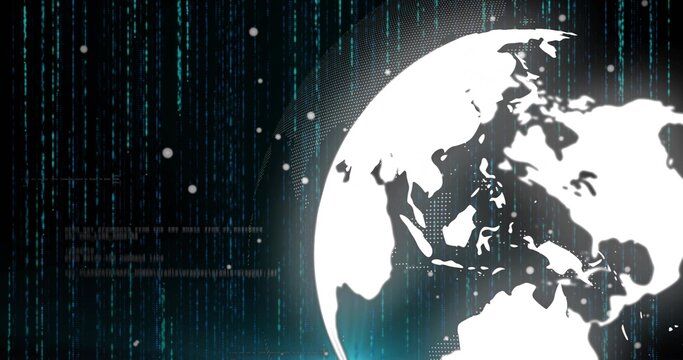 Displaying stylized white globe glowing on right side of cyber backdrop, with data rain particles - Powered by Adobe