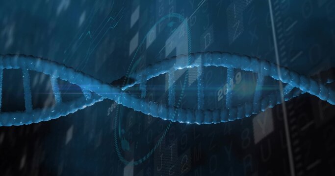 Glowing blue DNA double helix stretching across frame in lab, with binary digits and HUD rings
