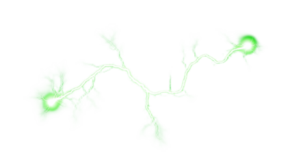 A green lightning strike with bright glowing ends against a stark black background illustration art