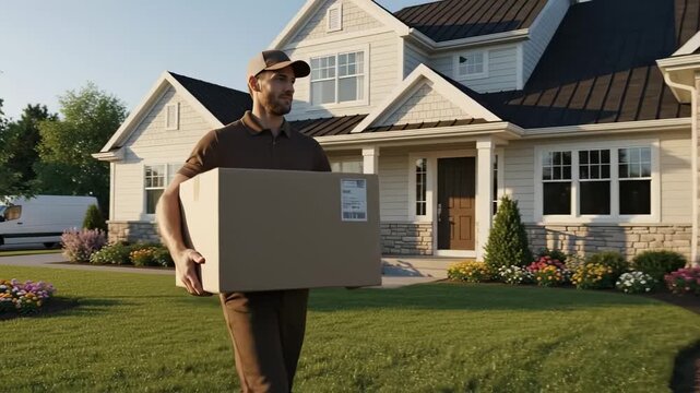 Delivery person carrying a package to a suburban house.