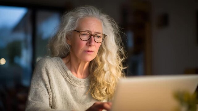 Older woman writing her memoirs or farewell message on a laptop in a peaceful home setting, highlighting personal legacy, online remembrance creation, and the intersection of technology and
