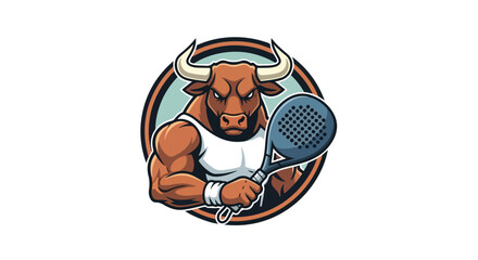 Bull with Padel Racket Logo Vector Illustration for Sport Design 
