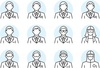 Collection of hand drawn business people avatars with different styles and accessories
