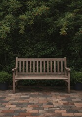 Outdoor seating area featuring a rustic garden bench providing copy space, ideal for relaxing design backdrops ,detail ,timber ,copy space