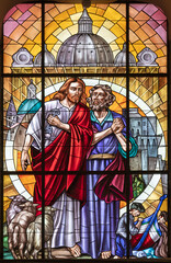 CETARA, ITALY - OCTOBER 7, 2025: TheJesus consigning the keys to Peter in the stained glass of the...