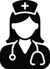 Stylized silhouette icon of a female nurse wearing a cap and stethoscope