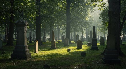 Overgrown cemetery with numerous weathered headstones and ancient trees, bathed in soft, diffused light, evoking a tranquil and timeless feel ,solemn place ,solemnity ,antiquity
