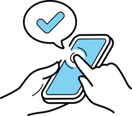 Hand holding smartphone with finger touching screen and checkmark in speech bubble