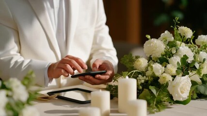 Professional funeral director arranging minimalist white candles, digital tablets, and organic floral displays for a contemporary memorial event, representing modern funeral services, innovation in