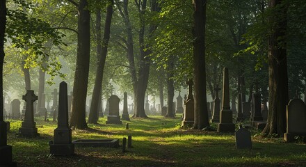 Overgrown cemetery with numerous weathered headstones and ancient trees, bathed in soft, diffused light, evoking a tranquil and timeless feel ,vintage ,memorial ,dusk