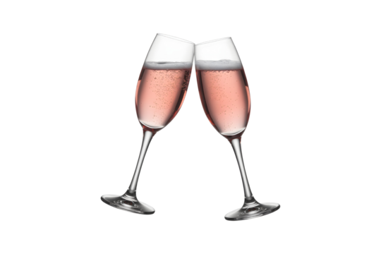 Two crystal champagne flutes toasting with pink sparkling drink isolated on transparent background - Powered by Adobe