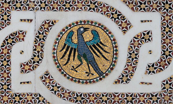 RAVELLO, ITALY - OCTOBER 7, 2025: The detail of medieval mosaic from pulpit (phenix) - Ambone del Vangelo in the Cathedral by Nicola di Bartolomeo da Foggia (1272)