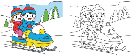 Coloring book page for kids. Cartoon vector illustration of happy children riding a snowmobile in a winter landscape with pine trees.
