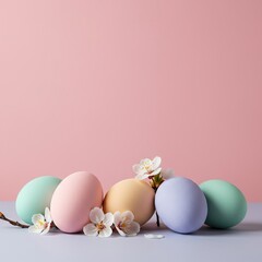 Pastel colored eggs and delicate spring blossoms hint at new beginnings and the joyous arrival of a festive future celebration ,growth ,anticipation ,decorative eggs