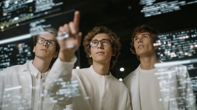 Senior group collaborating on robotics project surrounded by digital screens and coding interfaces, showcasing empowerment through learning, innovation at any age, and senior participation in