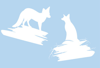 wild polar fox and tree branches around blank banner - winter season holidays copy space vector silhouette design set