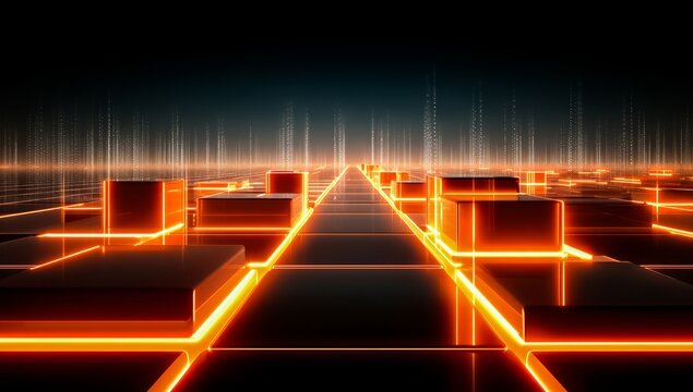 Futuristic cityscape with orange buildings and glowing lights. The scene is set in a virtual world - Powered by Adobe