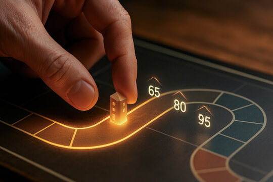 Finger placing miniature house game piece on illuminated route with progressive score markers 65 80 95 showing strategic investment decision and future growth optimism