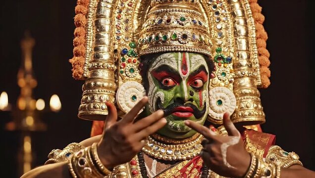 Traditional Kathakali Performer Displaying Facial Expression and Hand Gestures with Elaborate Golden Headdress in Kerala India