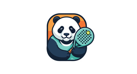 Cute cartoon panda holding padel racket and tennis ball. Adorable vector illustration for sports branding, game mascot, and active lifestyle graphic design. Playful animal logo concept