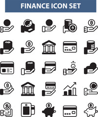Finance solid icon set. Containing loan, cash, savings, financial goal, profit, budget, mutual fund, earning money, and revenue icons
