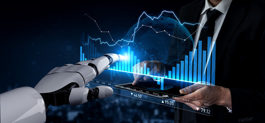 A robotic hand interacts with digital data visualizations in a financial context, showcasing the integration of technology and business analytics in modern finance. Scalp