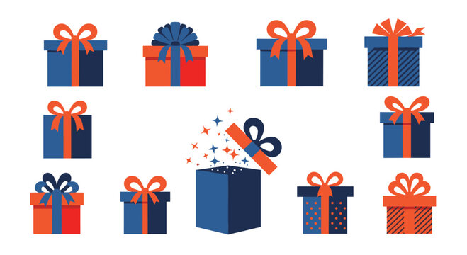 Collection of blue and orange gift boxes with bows on a white background.