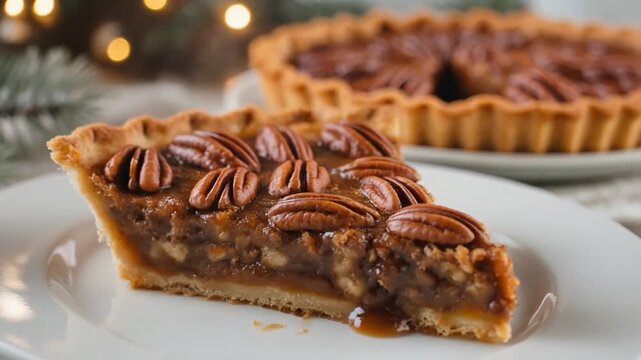  A close-up slice of pecan pie on a white plate, showcasing its rich filling and crunchy pecans with soft holiday lights in the background.