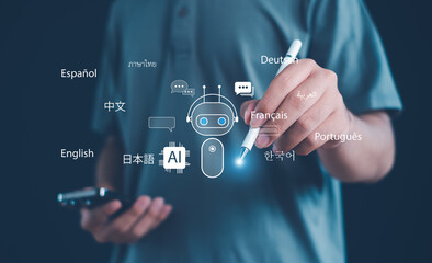 person interacts with an AI chatbot interface displaying multiple languages, symbolizing multilingual communication, translation technology, intelligent digital assistance in a global environment.
