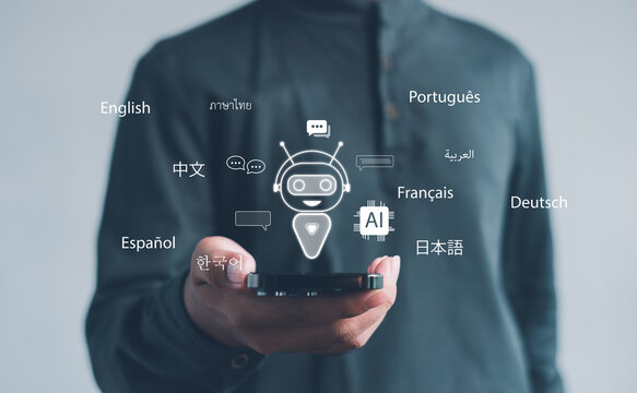 person holds a smartphone displaying an AI chatbot with multilingual communication icons, representing global translation technology, digital interaction, and intelligent language support.