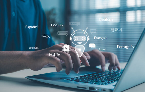 user types on a laptop with an AI chatbot interface displaying multiple languages, representing multilingual communication, machine translation technology, and global digital interaction.